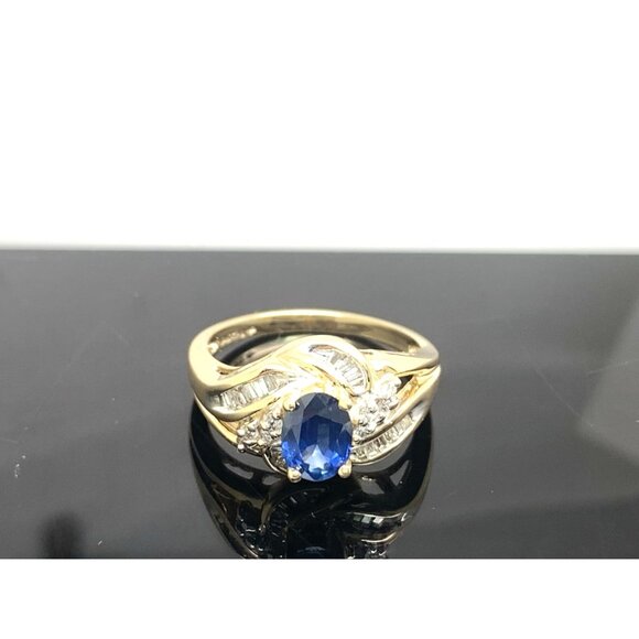 Blue Gemstone Diamond Cocktail Ring 14k Yellow Gold Estate Women's Size 7 - Picture 12 of 14